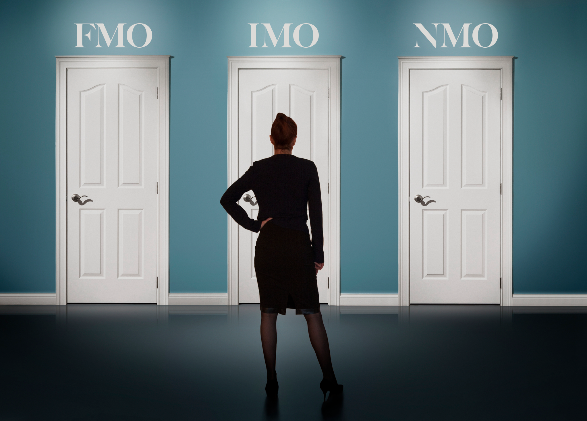Woman looking at 3 doors for FMO, IMO, or NMO